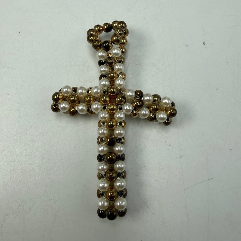 Beaded Cross Pendant Gold Tone Faux Pearl‎ Religious Statement Charm 3 Inch
